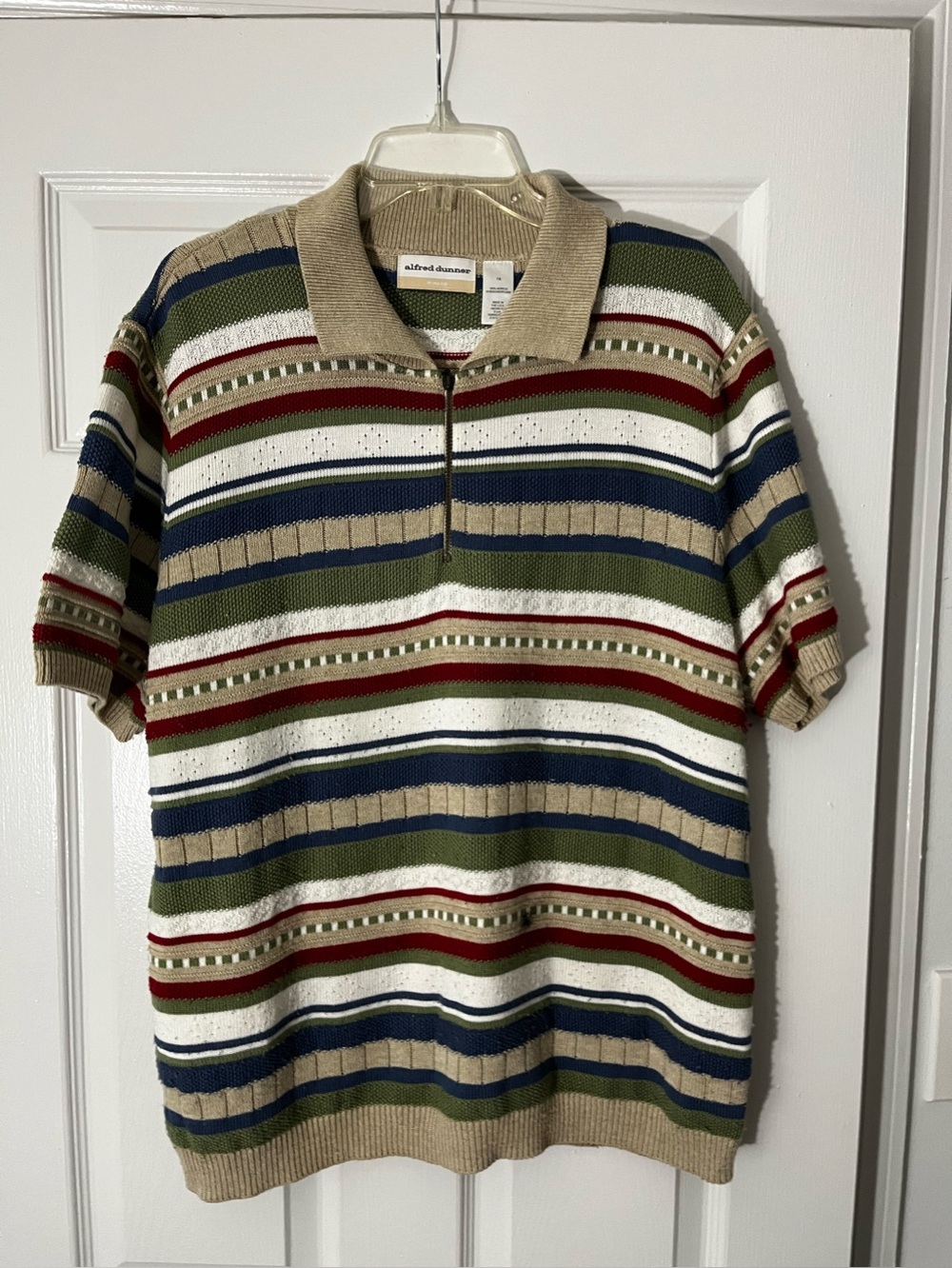 Alfred Dunner Beige, White, Navy, Olive & Burgundy Striped Short Sleeve Zip Polo